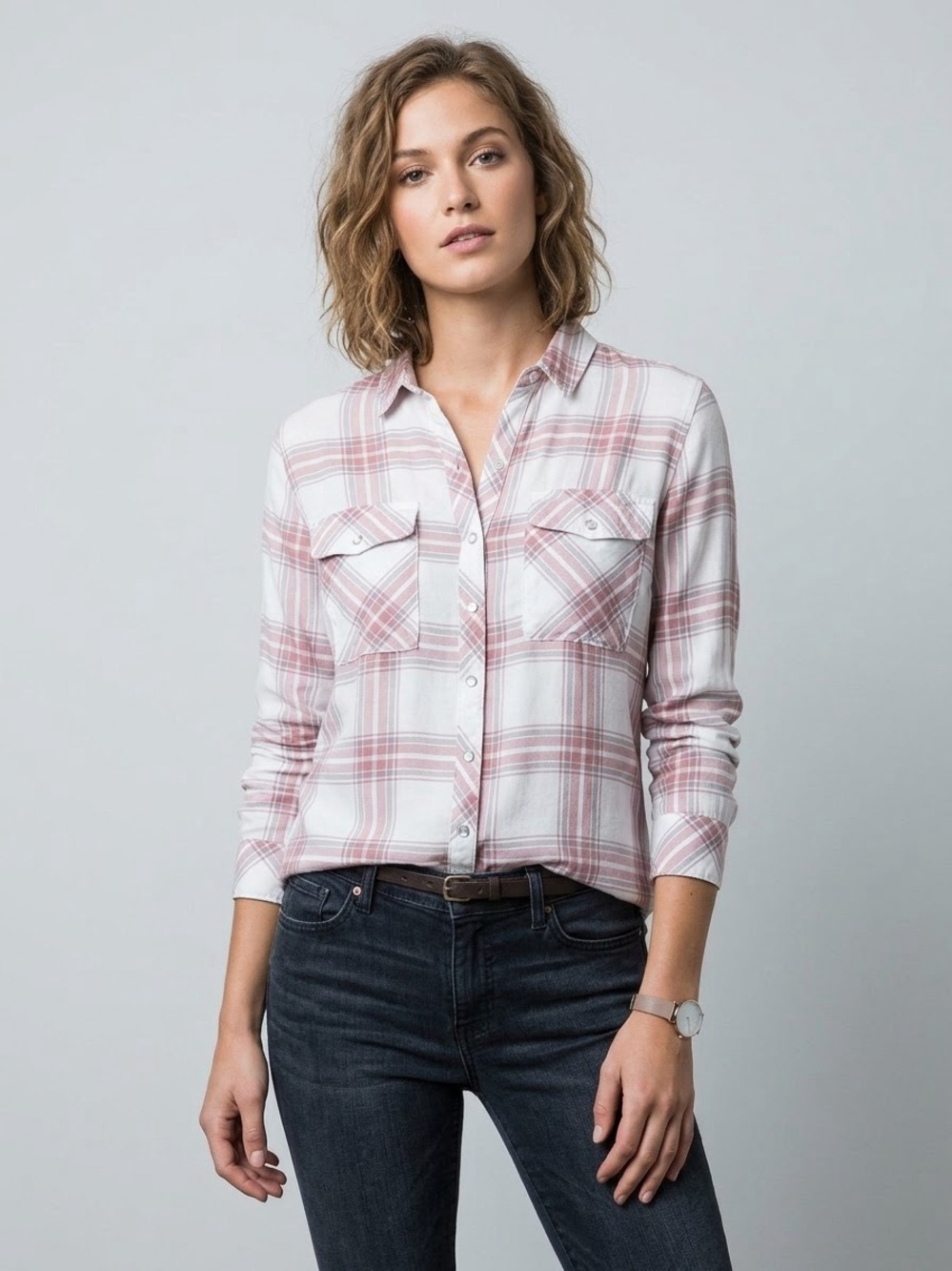 Blu Pepper Pink and White Plaid Button-Down Shirt, Women’s Size Medium